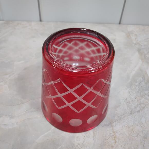 Vtg Czech Style Ruby Red Diamond Cut Glass 3" Bar Cocktail Tumbler Rocks Glass - Picture 6 of 10